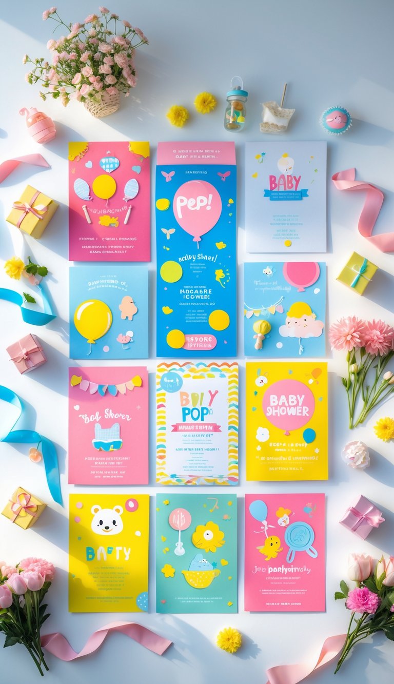 A collection of colorful baby shower invitations with playful designs arranged on a white surface, surrounded by party decorations and small gift boxes.